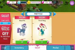 Size: 960x640 | Tagged: safe, gameloft, maud pie, torch song, g4, bits, gem, heart, ios, meta, ponyville, sale