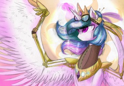 Size: 6874x4816 | Tagged: safe, artist:alicjaspring, princess celestia, alicorn, pony, g4, absurd resolution, alternate hairstyle, amputee, artificial wings, augmented, female, glowing horn, goggles, horn, magic, mare, mechanical wing, piercing, prosthetic limb, prosthetic wing, prosthetics, solo, spread wings, steampunk, wings