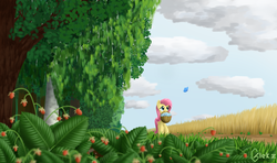 Size: 3995x2360 | Tagged: safe, artist:galekz, fluttershy, butterfly, g4, basket, female, flower, forest, high res, mouth hold, solo, strawberry