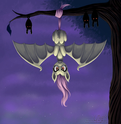 Size: 1080x1106 | Tagged: dead source, safe, artist:laurenmagpie, fluttershy, bat, bat pony, g4, fangs, female, flutterbat, hanging, looking at you, night, prehensile tail, solo, spread wings, tail, tree, upside down
