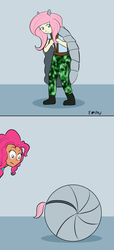 Size: 454x1000 | Tagged: safe, artist:empyu, fluttershy, pinkie pie, armadillo, human, g4, clothes, comic, costume, flutterball, humanized, morph ball, wat