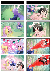 Size: 868x1228 | Tagged: safe, artist:sweetsound, fluttershy, g4, 4koma, chinese, comic, crossover, crossover shipping, eye beams, female, inaba tewi, lesbian, lunatic red eyes, optic blast, pixiv, reisen udongein inaba, shipping, tengen toppa gurren lagann, the stare, touhou