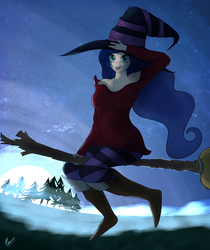 Size: 4194x5000 | Tagged: safe, artist:plazyma, princess luna, human, g4, absurd resolution, broom, female, flying, flying broomstick, full moon, halloween, hat, humanized, looking at you, moon, open mouth, smiling, solo, tree, witch, witch hat