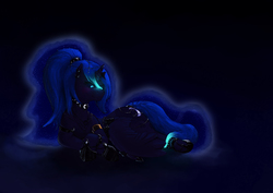 Size: 3508x2480 | Tagged: safe, artist:braukoly, princess luna, g4, anklet, blushing, bracelet, chains, dark, earring, female, glowing, glowing eyes, high ponytail, high res, jewelry, long hair, looking at you, lying, on side, ponytail, smiling, solo, spread wings