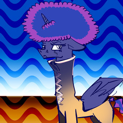Size: 1280x1280 | Tagged: safe, artist:alumx, princess luna, lunadoodle, g4, afro, alternate hairstyle, clothes, female, long neck, princess luneck, solo, spread wings, unamused
