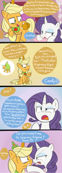 Size: 695x1920 | Tagged: safe, artist:lance, applejack, rarity, alicorn, pony, zombie, g4, alicornified, applecorn, clothes, comic, costume, duo, fake horn, fake wings, female, lesbian, marshmelodrama, open mouth, pear, pearjack, race swap, raised hoof, ship:rarijack, shipping, stitches