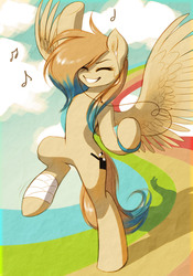 Size: 944x1347 | Tagged: safe, artist:katputze, oc, oc only, oc:sunny diamond, pegasus, pony, bandage, bipedal, dancing, earbuds, eyes closed, female, happy, music notes, music player, rainbow, solo