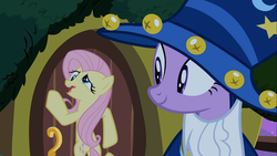 Size: 1366x768 | Tagged: safe, screencap, fluttershy, twilight sparkle, pegasus, pony, unicorn, g4, luna eclipsed, season 2, clothes, cosplay, costume, derp, female, flutterdoor, mare, nightmare night costume, out of context, star swirl the bearded costume, twilight the bearded, wavy mouth