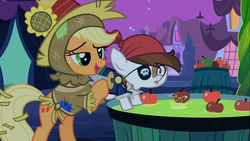 Size: 1366x768 | Tagged: safe, screencap, applejack, pipsqueak, earth pony, pony, g4, luna eclipsed, colt, male, out of context