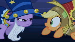 Size: 1366x768 | Tagged: safe, screencap, applejack, twilight sparkle, g4, luna eclipsed, clothes, cosplay, costume, nightmare night costume, star swirl the bearded costume, twilight the bearded