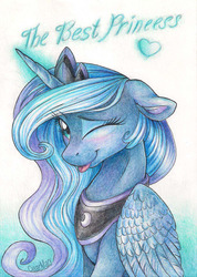 Size: 500x702 | Tagged: safe, artist:dearmary, princess luna, alicorn, pony, g4, :p, best pony, best princess, blushing, caption, cute, female, floppy ears, looking at you, lunabetes, magic, mare, sitting, smiling, solo, tongue out, traditional art, wink