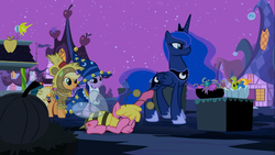 Size: 1366x768 | Tagged: safe, screencap, applejack, cherry berry, princess luna, twilight sparkle, g4, luna eclipsed, clothes, cosplay, costume, nightmare night costume, star swirl the bearded costume, twilight the bearded