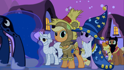 Size: 1366x768 | Tagged: safe, screencap, applejack, princess luna, twilight sparkle, g4, luna eclipsed, clothes, cosplay, costume, nightmare night costume, star swirl the bearded costume, twilight the bearded