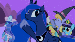 Size: 1366x768 | Tagged: safe, screencap, cloud kicker, lyra heartstrings, minuette, princess luna, sassaflash, sunshower raindrops, g4, luna eclipsed