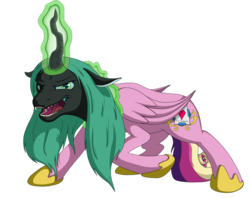 Size: 1327x1052 | Tagged: safe, artist:ossultous, queen chrysalis, changeling, changeling queen, g4, disguise, disguised changeling, fake cadance, fake cutie mark, fangs, female, floppy ears, magic, shapeshifting, sharp teeth, simple background, solo, transparent background