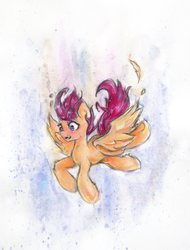 Size: 2340x3079 | Tagged: safe, artist:catseye-view, scootaloo, g4, falling, female, high res, solo, spread wings, traditional art, watercolor painting