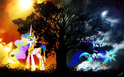 Size: 1024x640 | Tagged: safe, artist:brushiball546, artist:larsurus, princess celestia, princess luna, g4, armor, moon, stars, sun, tree, weapon