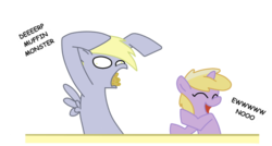 Size: 703x376 | Tagged: safe, artist:egophiliac, edit, derpy hooves, dinky hooves, pegasus, pony, unicorn, g4, alfalfa monster, cute, derp, equestria's best mother, eyes closed, female, filly, mare, muffin, open mouth, simple background, smiling, spread wings, table, transparent background, wide eyes, wings, woonoggles