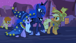 Size: 1366x768 | Tagged: safe, screencap, applejack, princess luna, twilight sparkle, g4, luna eclipsed, clothes, cosplay, costume, nightmare night costume, star swirl the bearded costume, twilight the bearded