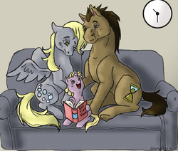 Size: 847x719 | Tagged: safe, artist:gloryblaz, derpy hooves, dinky hooves, doctor whooves, time turner, g4, clock, cute, derpabetes, dinkabetes, doctorbetes, equestria's best mother, family, female, hoers, male, reading, ship:doctorderpy, shipping, straight, younger