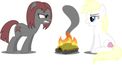 Size: 1024x544 | Tagged: safe, artist:37517998, oc, oc only, oc:aryanne, oc:veronika, earth pony, pony, burning, female, fire, mare, on fire, sitting, tank (vehicle)