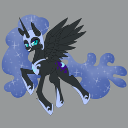 Size: 750x750 | Tagged: safe, artist:deusexequus, nightmare moon, g4, concave belly, ethereal mane, ethereal tail, female, flying, grin, helmet, hoof shoes, long mane, long tail, looking at you, peytral, princess shoes, simple background, slender, solo, spread wings, starry mane, starry tail, sternocleidomastoid, tail, thin, wings