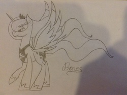 Size: 1280x956 | Tagged: safe, artist:nothin-but-my-bones, princess luna, lunadoodle, g4, female, monochrome, pencil drawing, photo, raised hoof, sketch, solo, spread wings, traditional art