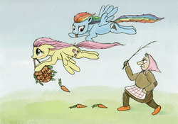 Size: 800x561 | Tagged: safe, artist:el-yeguero, fluttershy, rainbow dash, human, g4, carrot, chase, flying, stealing