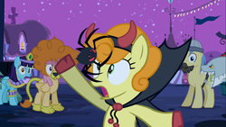 Size: 1366x768 | Tagged: safe, screencap, carrot top, golden harvest, g4, luna eclipsed, clothes, costume, devil costume, literal hoof shoes