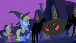 Size: 1366x768 | Tagged: safe, screencap, cherry berry, cloud kicker, earth pony, pegasus, pony, spider, g4, luna eclipsed, animal costume, bee costume, clothes, costume, female, hat, mare, night, nightmare night costume, red eyes, red eyes take warning, witch costume, witch hat