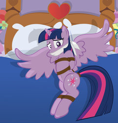 Size: 1024x1065 | Tagged: safe, artist:radiantrealm, twilight sparkle, alicorn, pony, g4, bed, belly button, bondage, cloth gag, female, gag, mare, rope, show accurate, solo, twilight sparkle (alicorn), unamused
