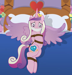 Size: 1024x1065 | Tagged: safe, artist:radiantrealm, princess cadance, pony, g4, bed, belly button, bondage, cloth gag, female, gag, rope, show accurate, solo