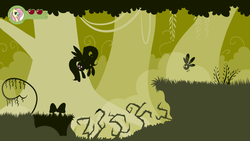 Size: 1920x1080 | Tagged: safe, artist:rainbow-hooves, fluttershy, parasprite, g4, everfree forest, fake screencap, female, forest, mare, monochrome, nature, silhouette, solo, tree, video game, vine