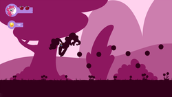 Size: 1920x1080 | Tagged: safe, artist:rainbow-hooves, pinkie pie, g4, fake screencap, female, flower, mare, monochrome, silhouette, solo, tree, video game