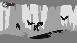 Size: 1920x1080 | Tagged: safe, artist:rainbow-hooves, rarity, vampire fruit bat, g4, fake screencap, female, mare, monochrome, open mouth, silhouette, solo, video game