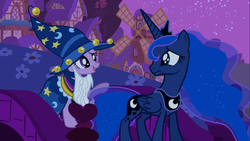 Size: 1366x768 | Tagged: safe, screencap, princess luna, twilight sparkle, alicorn, pony, g4, luna eclipsed, season 2, bridge, clothes, cosplay, costume, duo, duo female, female, looking at each other, looking at someone, mare, nightmare night costume, sad, star swirl the bearded costume, twilight the bearded, window