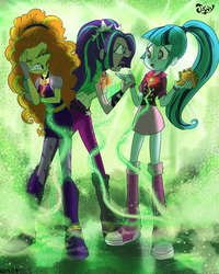Size: 745x932 | Tagged: safe, artist:jowyb, adagio dazzle, aria blaze, sonata dusk, equestria girls, g4, my little pony equestria girls: rainbow rocks, adagio dazzle is not amused, amulet, angry, annoyed, argument, bickering, eating, facepalm, female, food, gem, glowing, gritted teeth, magic, necklace, negative energy, shrug, siblings, siren gem, sisters, sonataco, taco, that girl sure loves tacos, that siren sure does love tacos, the dazzlings, trio, unamused