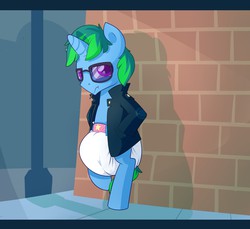 Size: 1280x1173 | Tagged: safe, artist:cuddlehooves, oc, oc only, oc:bonded friendship, pony, bipedal, clothes, diaper, jacket, leather, non-baby in diaper, poofy diaper, solo, sunglasses