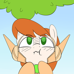 Size: 750x750 | Tagged: safe, artist:khorme, oc, oc only, oc:p.o.n.e., pony, robot, robot pony, looking up, scrunchy face, solo, tree