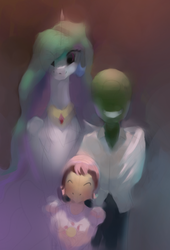 Size: 848x1244 | Tagged: source needed, safe, artist:remi721, princess celestia, oc, oc:anon, oc:dawn, human, satyr, g4, :3, blushing, cute, daughter, eyes closed, family photo, father, father and daughter, grin, hair over one eye, hug, interspecies offspring, looking at you, married couple, mother, mother and daughter, offspring, parent:oc:anon, parent:princess celestia, portrait, smiling, winghug