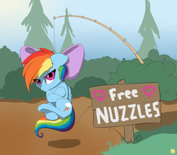 Size: 2400x2100 | Tagged: safe, artist:captainpudgemuffin, rainbow dash, pegasus, pony, g4, bait, bow, bronybait, cute, dashabetes, female, fishing rod, floppy ears, hair bow, high res, it's a trap, sign, solo, tree, unamused, weapons-grade cute