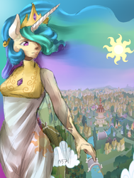 Size: 619x817 | Tagged: safe, artist:rabidpanda7, princess celestia, human, g4, clothes, dress, female, humanized, solo, sun