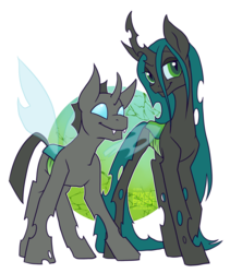 Size: 800x947 | Tagged: dead source, safe, artist:pixel-prism, queen chrysalis, oc, changeling, changeling queen, g4, abstract background, alternate universe, changeling oc, duo, fangs, horn, smiling, wings