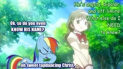 Size: 510x286 | Tagged: safe, rainbow dash, g4, crossover, disloyalty, facehoof, frustration, image macro, loyalty, meme, photoshop, puella magi madoka magica, shizuki hitomi