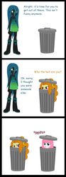 Size: 800x2145 | Tagged: safe, adagio dazzle, queen chrysalis, oc, oc:fluffle puff, equestria girls, g4, my little pony equestria girls: rainbow rocks, comic, garbagio, trash can