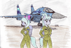 Size: 3254x2206 | Tagged: safe, artist:topgun308, cloudchaser, flitter, pegasus, anthro, g4, clothes, crossed arms, duo, duo female, eye clipping through hair, female, hand on hip, high res, jet, jumpsuit, looking at you, lunar republic, new lunar republic, plane, su-34, su-34 fullback, sukhoi, traditional art, wings