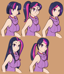Size: 1119x1280 | Tagged: safe, artist:scorpdk, twilight sparkle, human, g4, :o, alternate hairstyle, bobcut, breasts, busty twilight sparkle, choker, chokertwi, clothes, female, humanized, long hair, looking at you, pigtails, ponytail, short hair, short hair twilight sparkle, simple background, sleeveless turtleneck, sweater, tan background, turtleneck