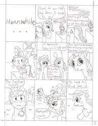 Size: 1700x2196 | Tagged: safe, artist:rakesuk, applejack, opalescence, rarity, cat, earth pony, pony, unicorn, g4, carousel boutique, comic, everfree forest, female, mare, monochrome