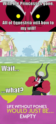 Size: 501x1097 | Tagged: safe, lord tirek, g4, comic, exploitable meme, golden oaks library, image macro, life without ponies, meme, ponyville, the hub, tirek vs everyone meme