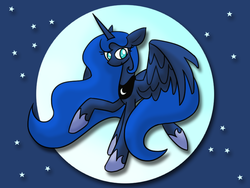 Size: 800x600 | Tagged: safe, artist:karlaandbliss, princess luna, lunadoodle, g4, cute, female, flying, looking at you, moon, raised hoof, smiling, solo, spread wings, stars